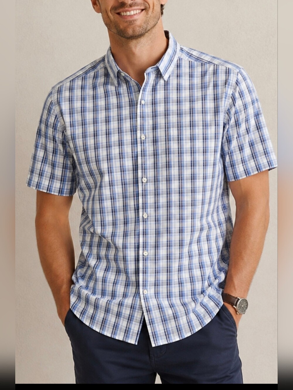 SYNRGY Men’s Shirt 2XL Blue/White  Plaid Lightweight Short Sleeve Button Down